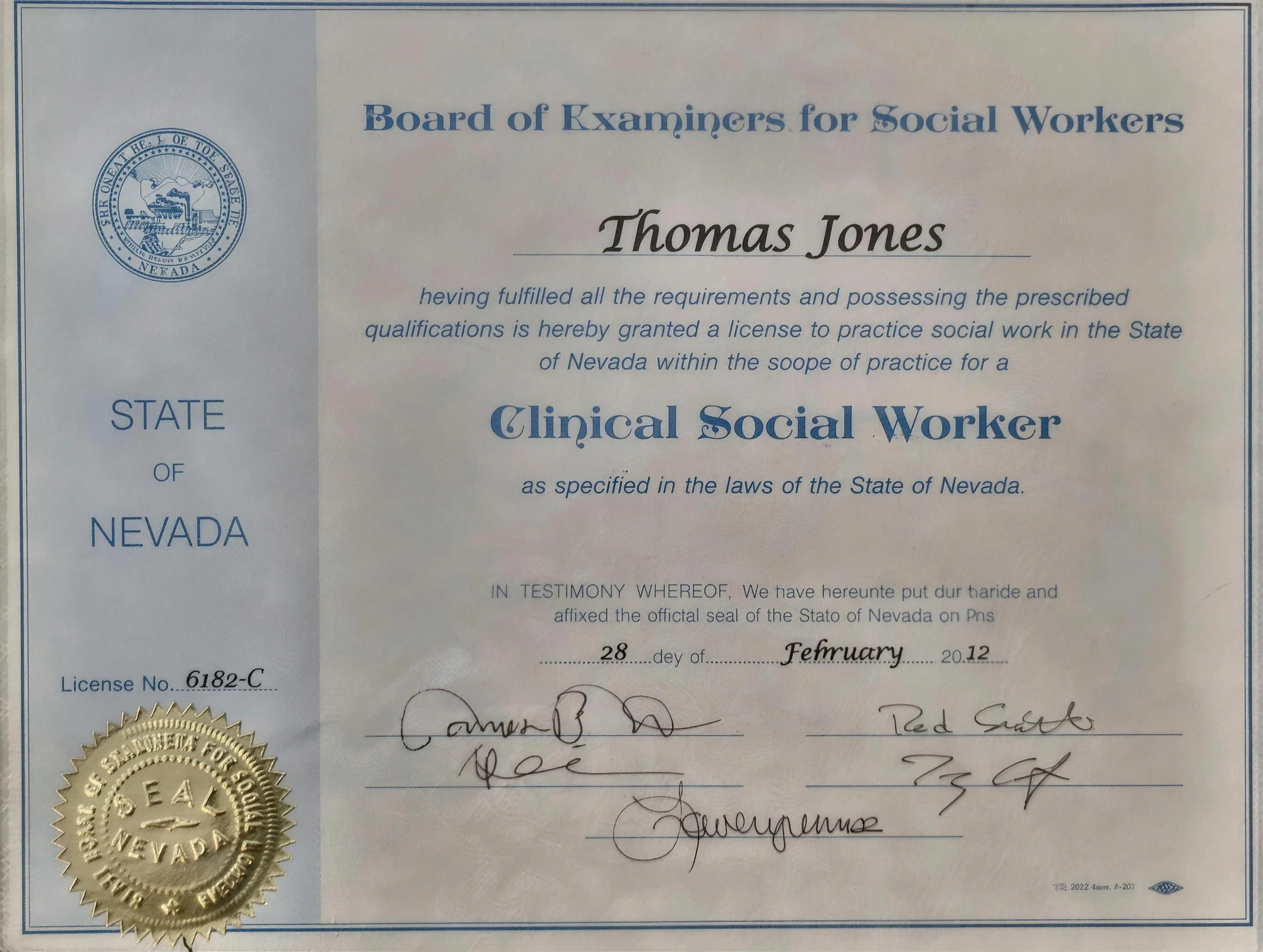 Clinical Social Worker license 6182-C issued to Thomas Jones by the Nevada Board of Examiners for Social Workers, February 2012