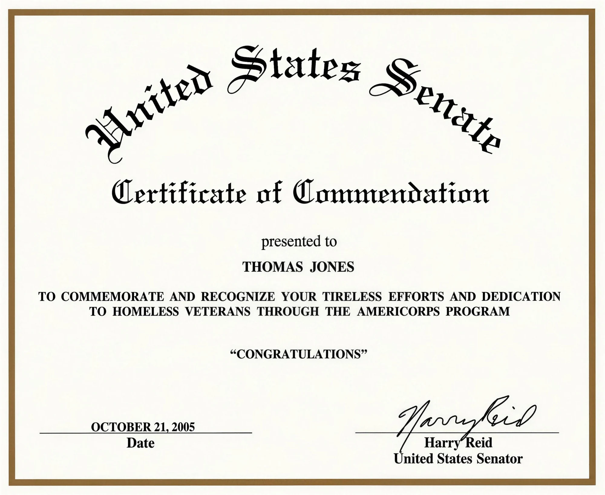 United States Senate Certificate of Commendation presented to Thomas Jones by Senator Harry Reid, dated October 21, 2005